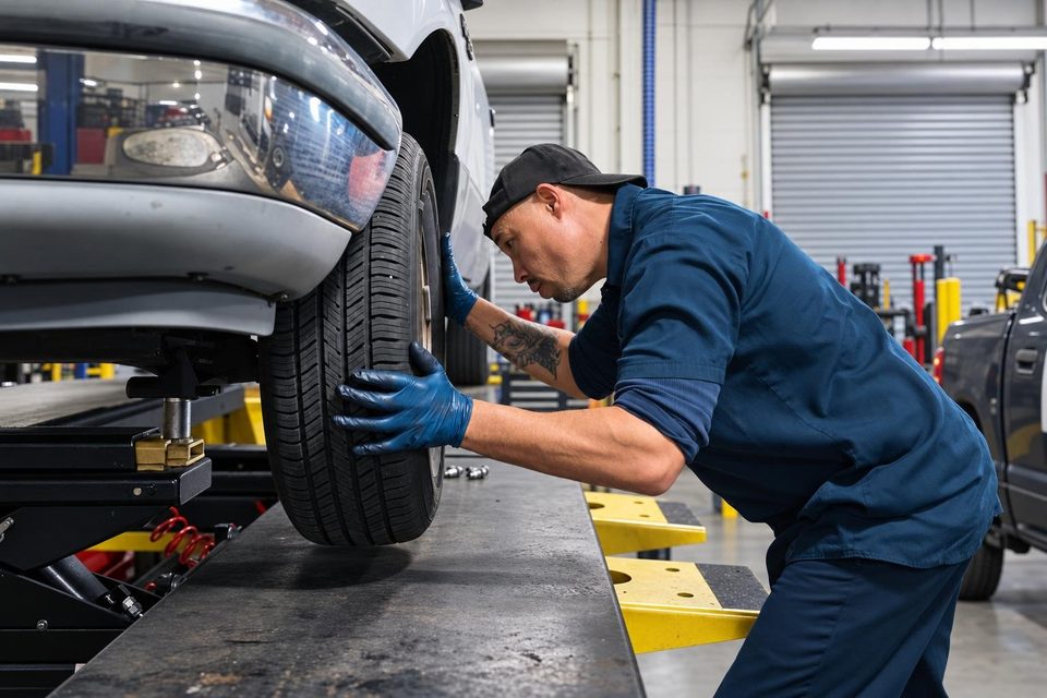 A technician mounting a tire in the shop.