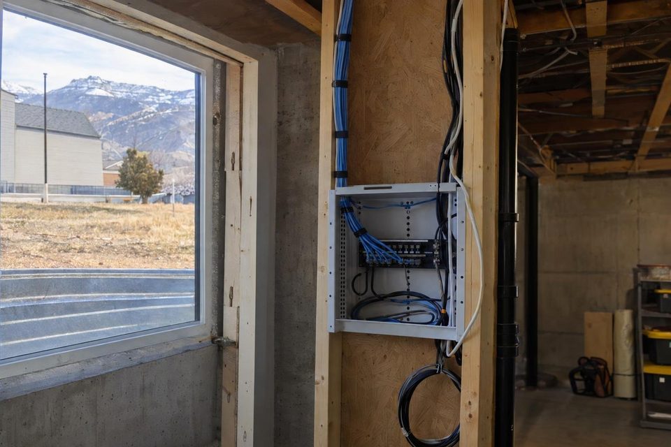 Network patch panel with blue cable runs in a basement.
