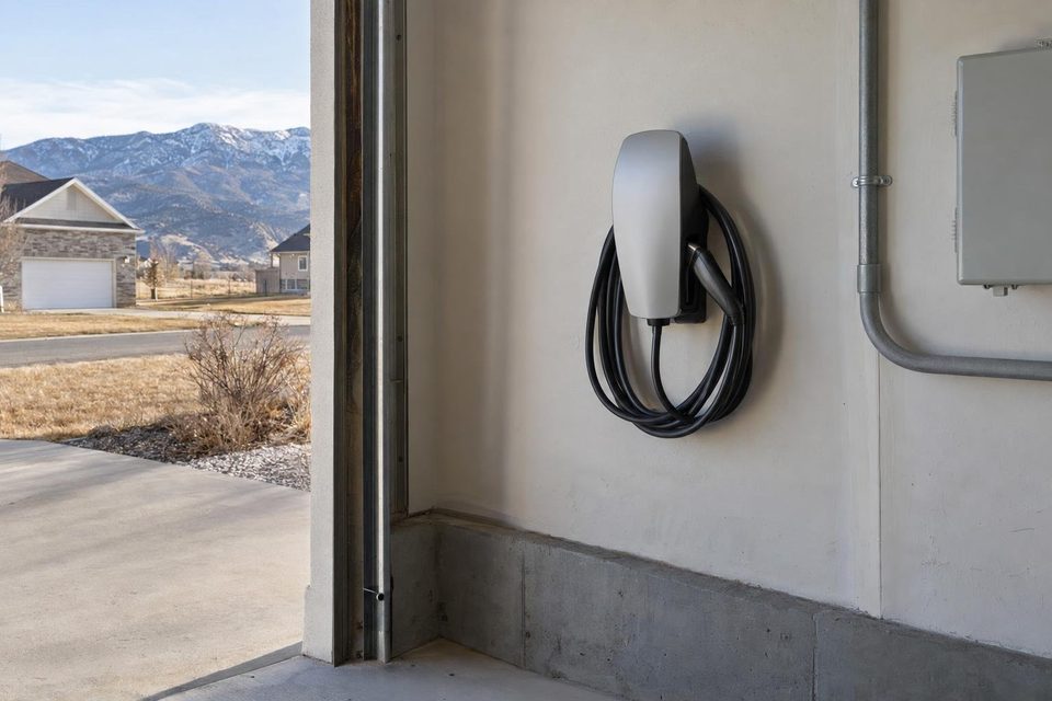 EV wall charger in a garage next to an electrical box.