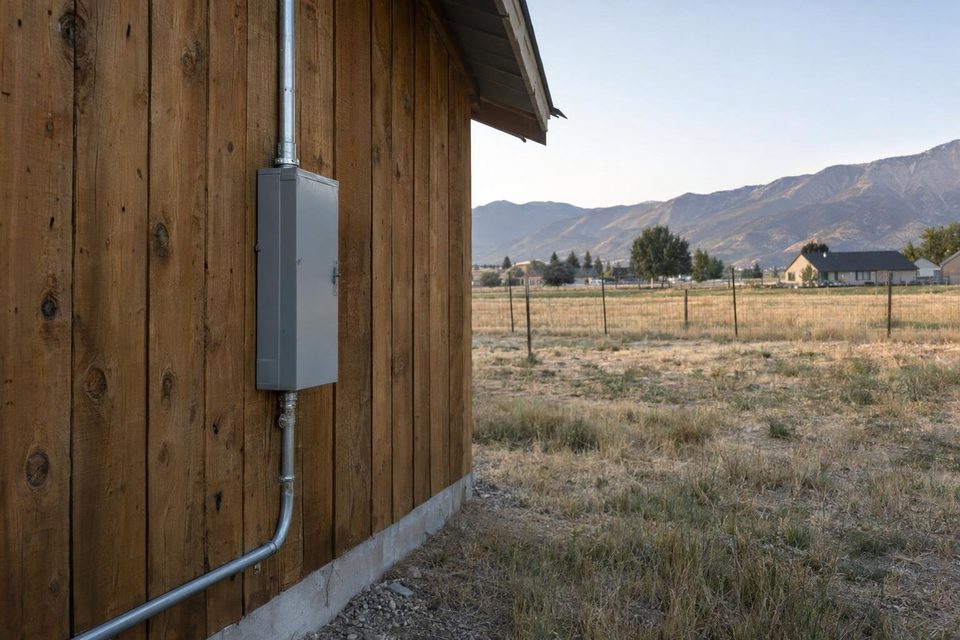 Electrical panel and conduit on the side of a wood barn.