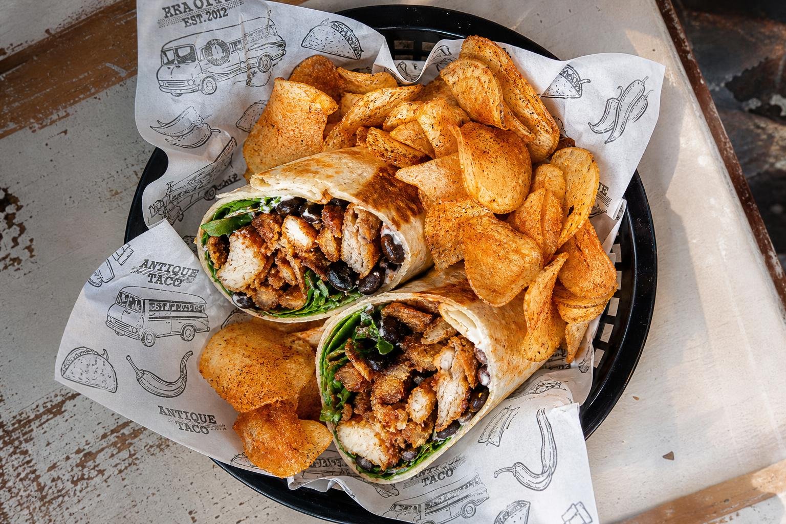 Antique Taco Fried Chicken Burrito Dupe: Fried Chicken Burrito with Tres Queso, Smoked Habanero Salsa, Honey, and Potato Chips