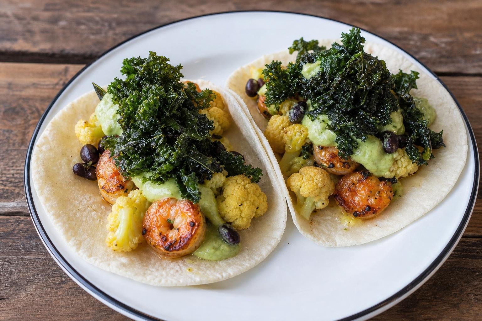 Antique Taco Garlic Shrimp Tacos: Sriracha Garlic Shrimp Tacos with Elote-Style Cauliflower and Basil Avocado Salsa
