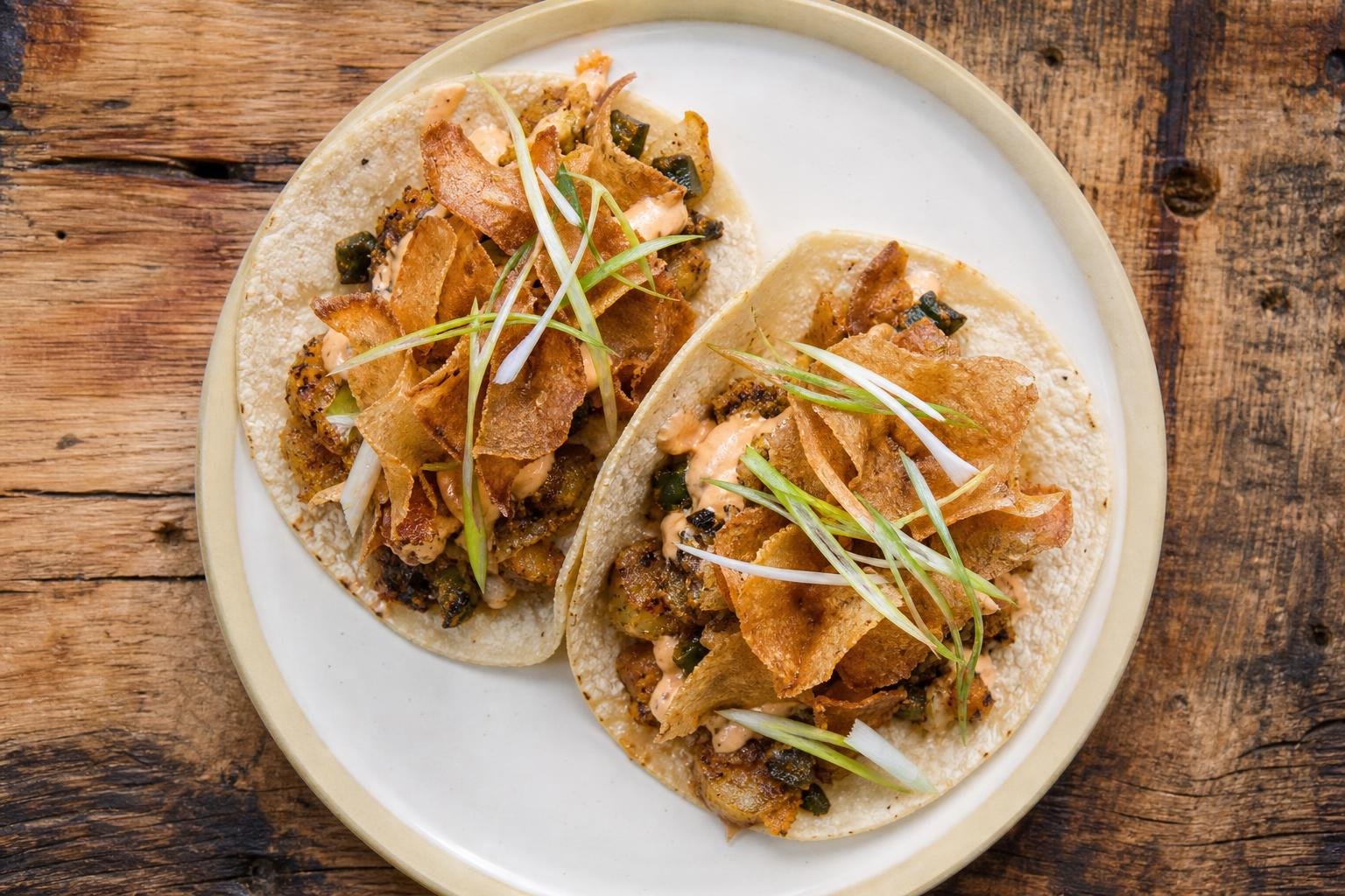 Antique Taco Potato-Poblano Tacos: Smashed Fingerling and Poblano Tacos with Tres Queso Crust
