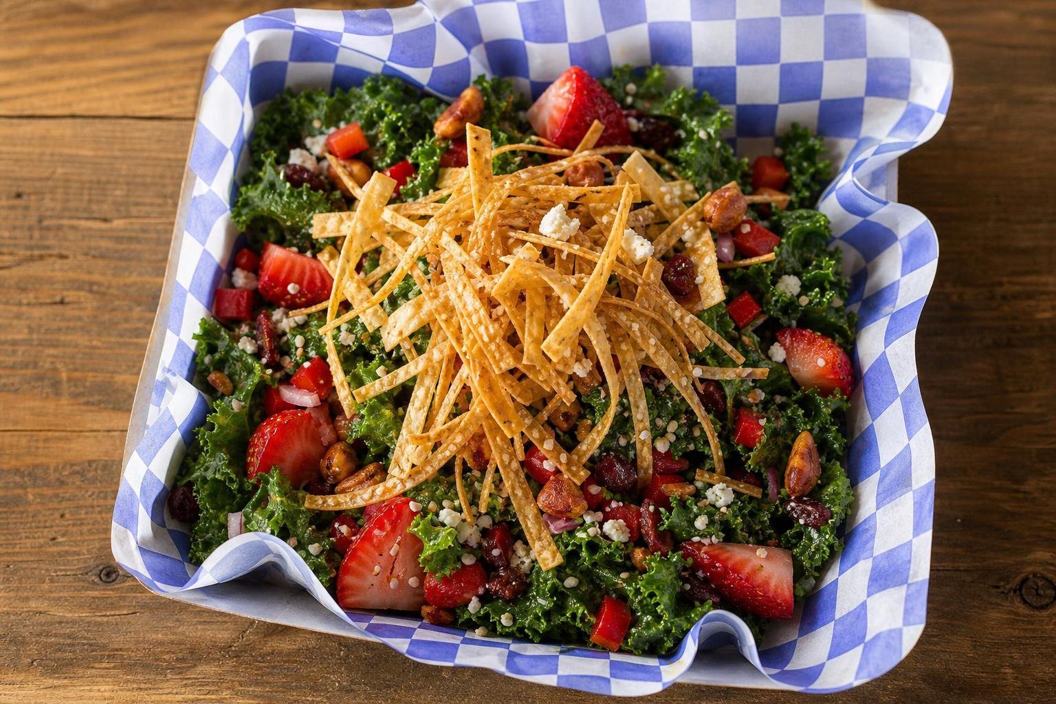 Antique Taco Salad Dupe: Kale Salad with Strawberries, Spicy Peanuts, and Pomegranate Vinaigrette