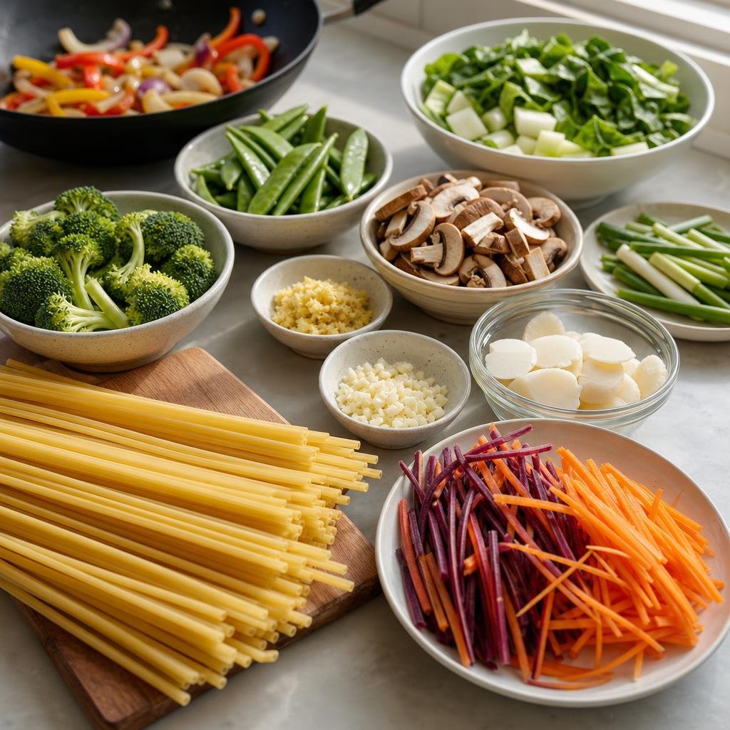 Prep for Lo Mein-ish Bucatini Veggie Toss