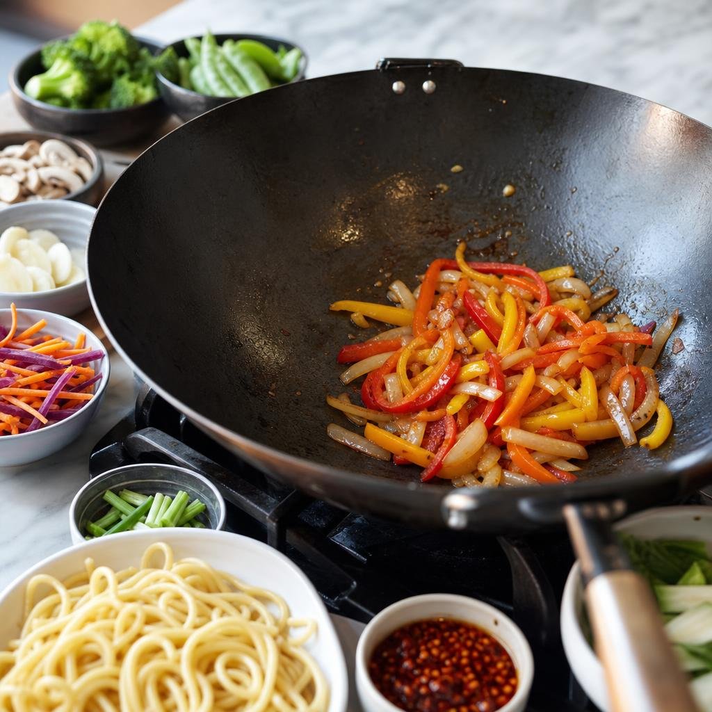 Cooking Lo Mein-ish Bucatini Veggie Toss