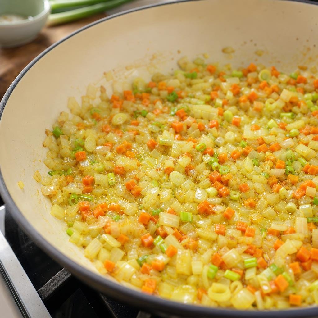 Onion, tiny carrot cubes, and green onion whites going golden in butter