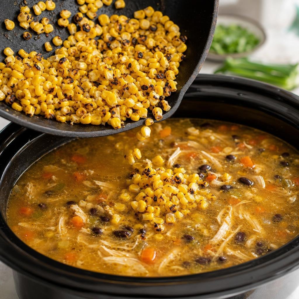 Half the corn charred, then all of it stirred into the pot