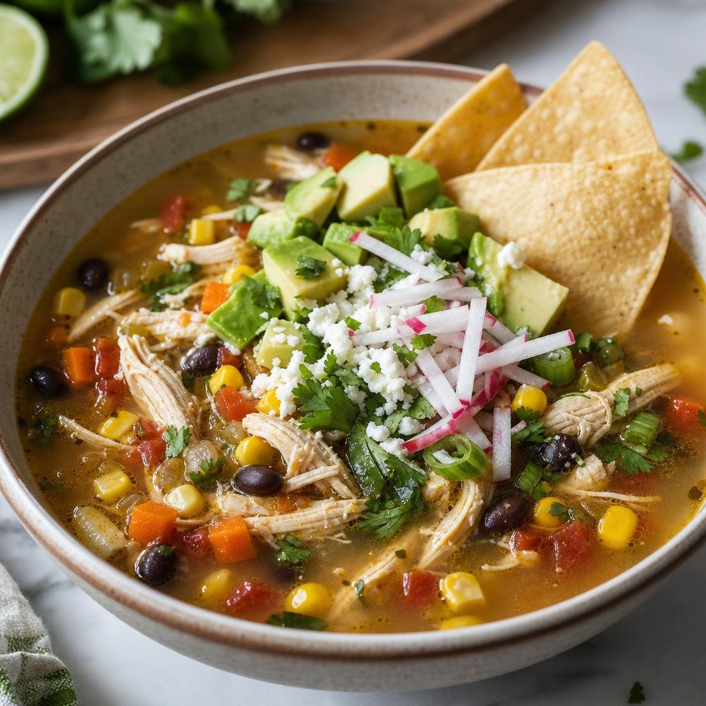 Finished caldo with avocado, Cotija, radish matchsticks, and chips