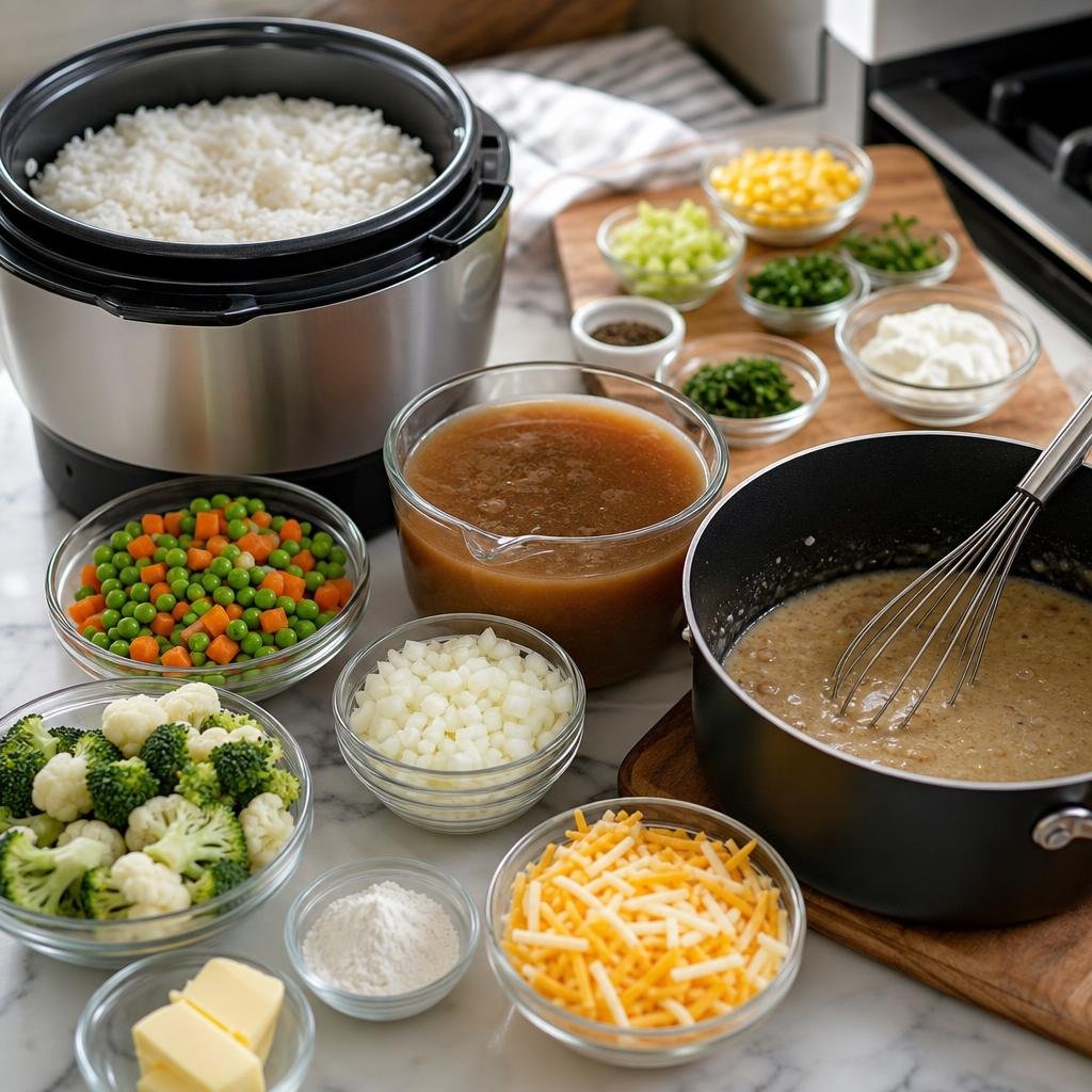 Prep for Cheesy Corned Beef Broth Rice Casserole