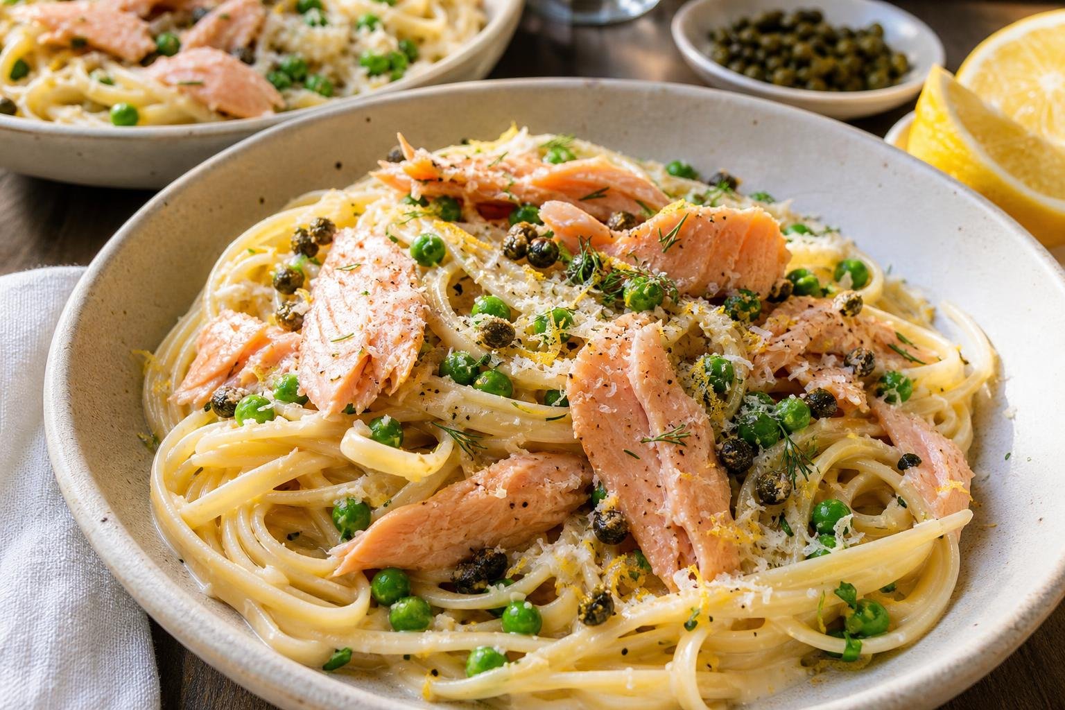 Creamy Lemon Smoked Trout Pasta with Peas and Crispy Capers: Creamy Lemon Pasta with Fishwife Smoked Trout or Tuna, Peas, and Crispy Capers