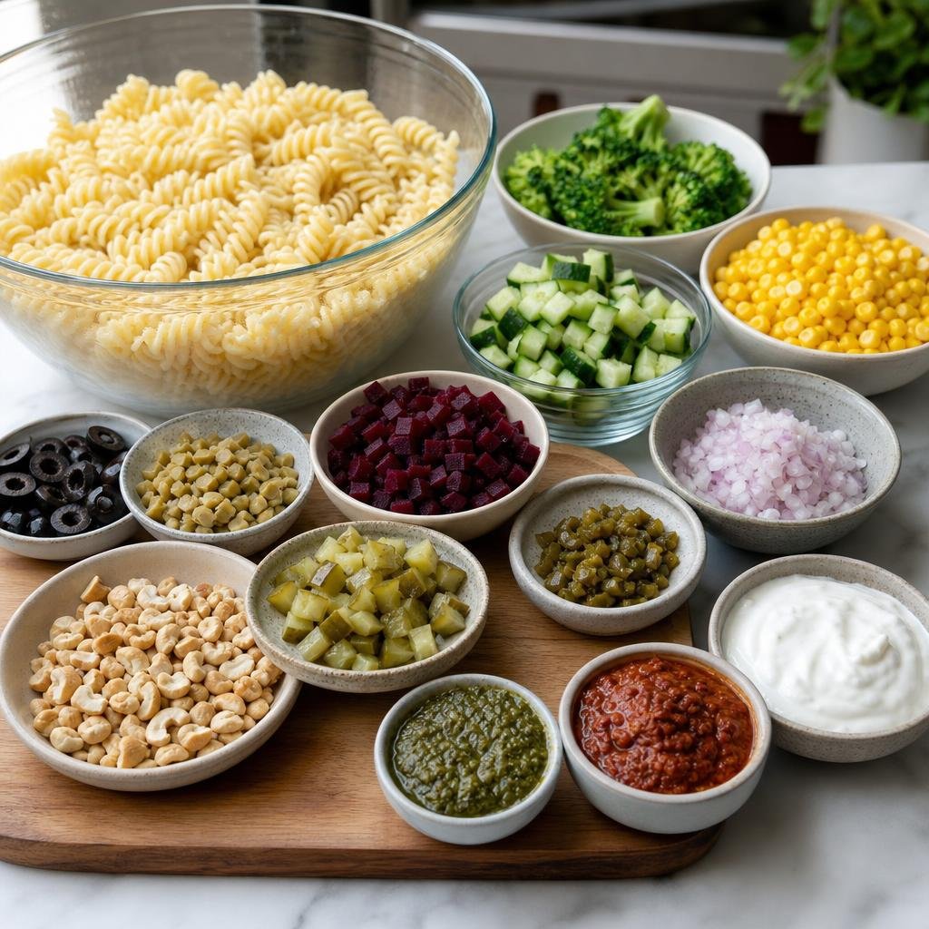 Prep for Creamy Pesto Pasta Salad with Pickled Veggies & Cashews