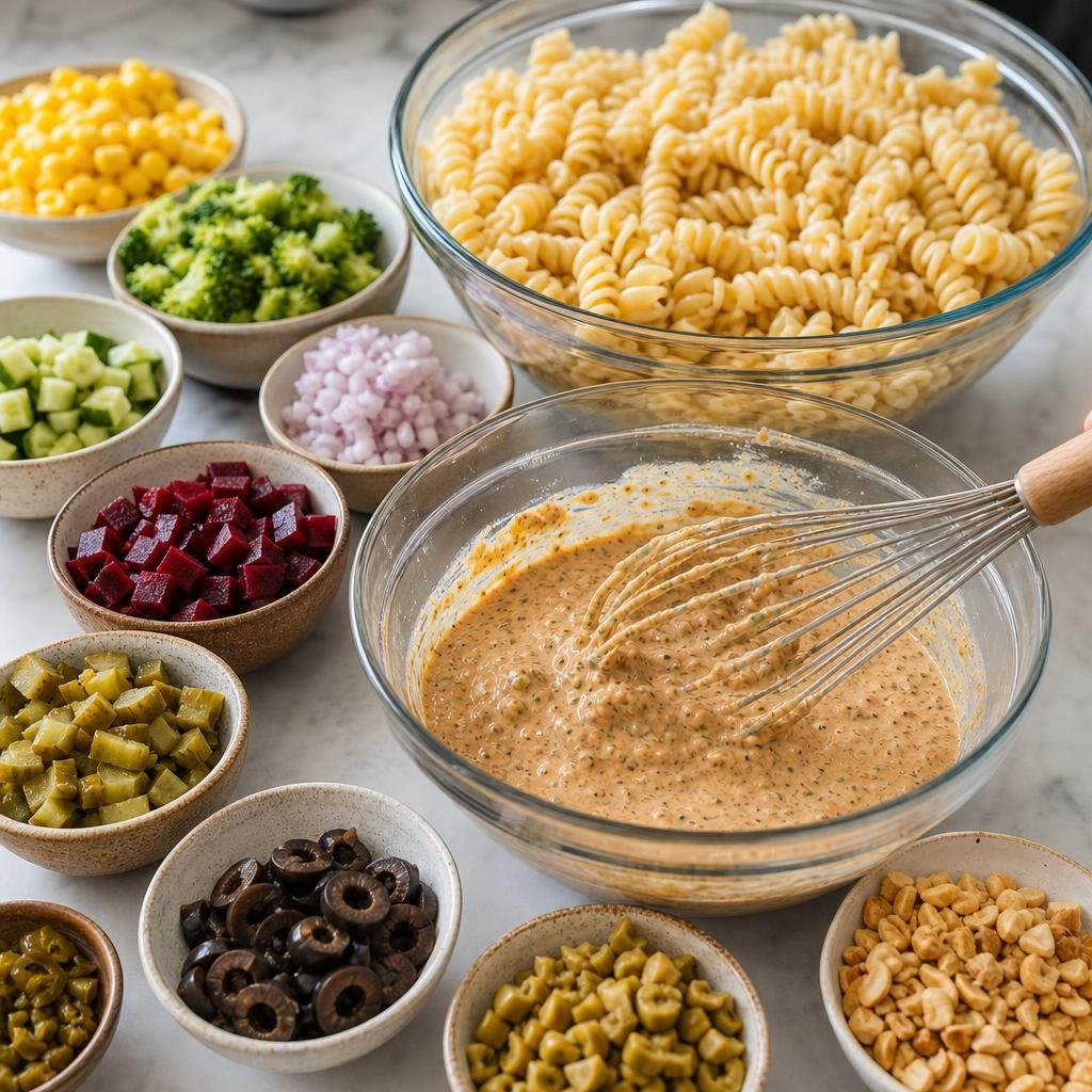 Cooking Creamy Pesto Pasta Salad with Pickled Veggies & Cashews