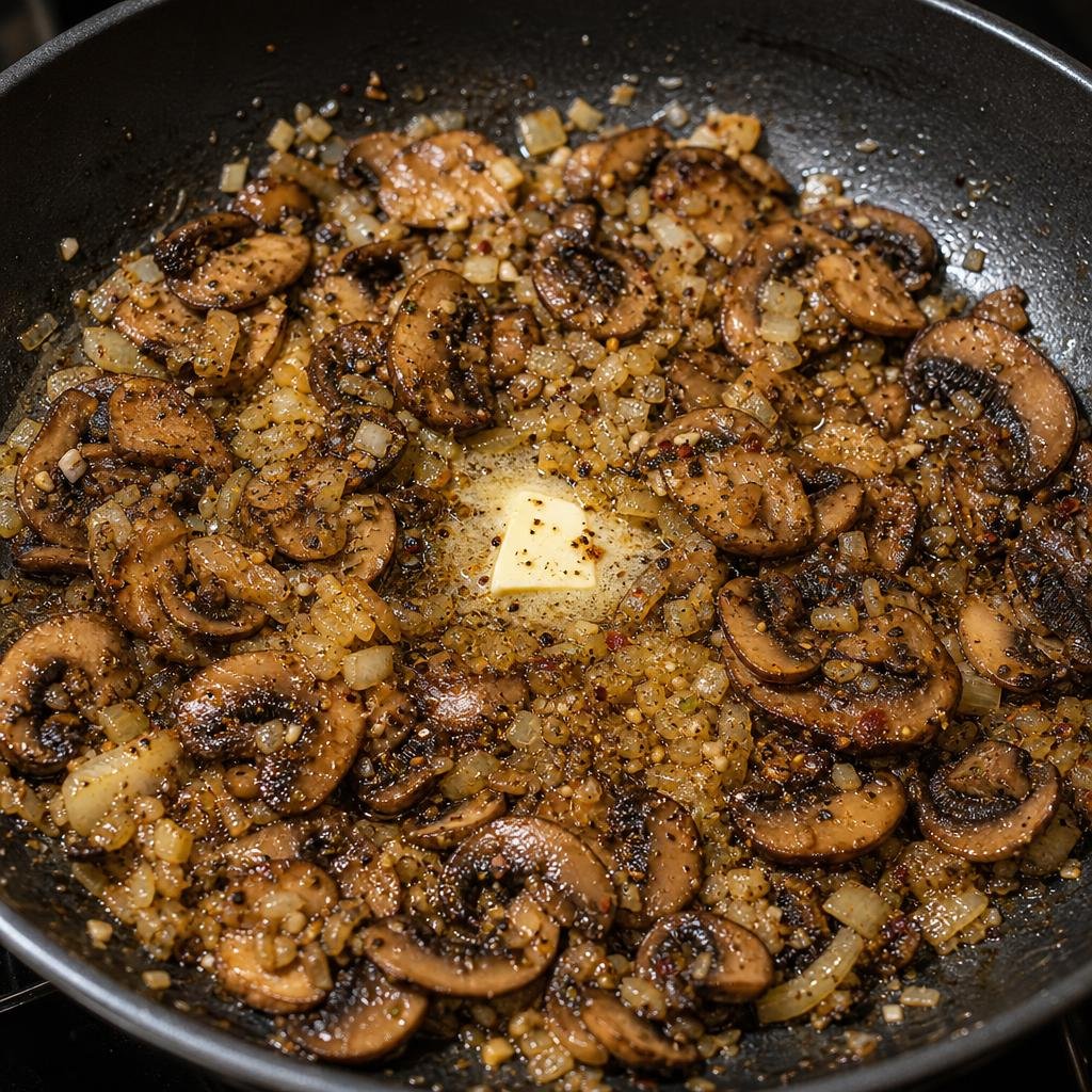 Cooking the onion with the mushrooms