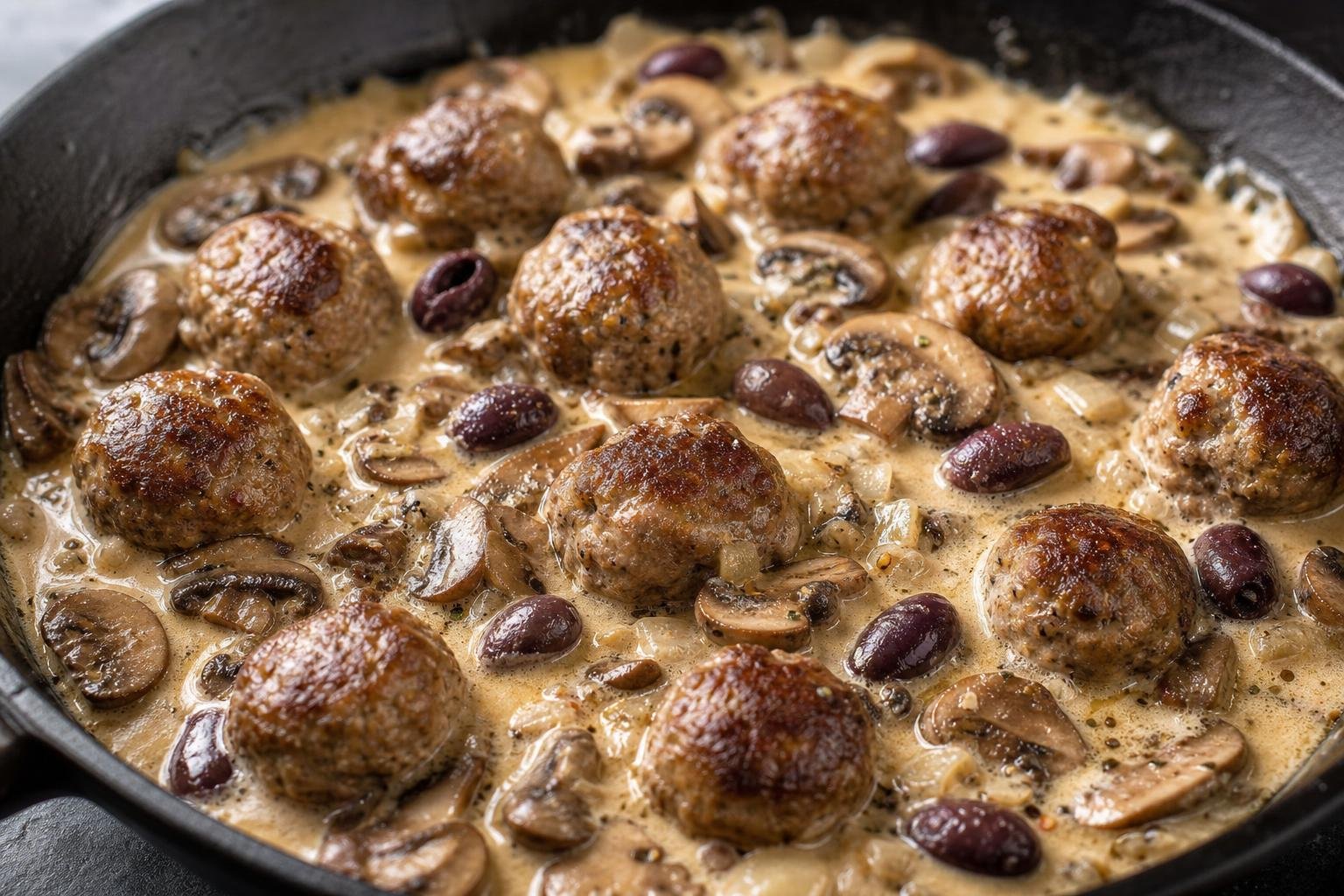 Creamy sausage mushroom boscaiola with browned Italian sausage meatballs