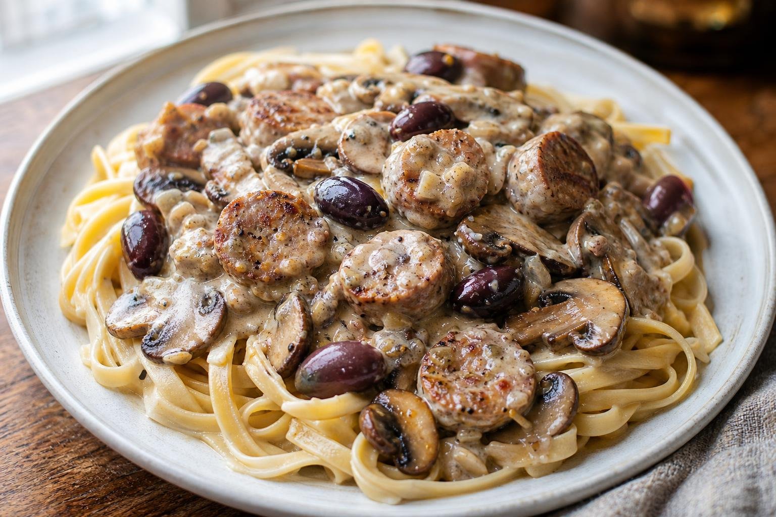 Creamy sausage mushroom boscaiola over fettuccine