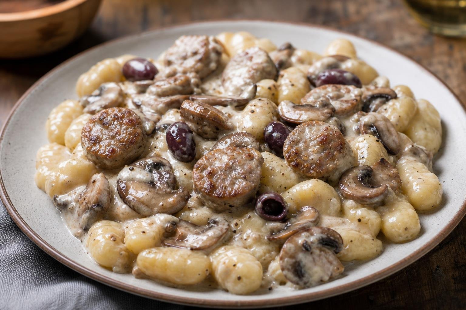 Creamy sausage mushroom boscaiola over potato gnocchi