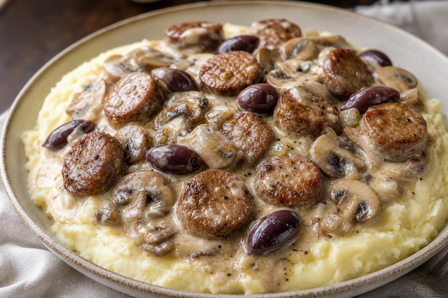 Creamy sausage mushroom boscaiola over mashed potatoes