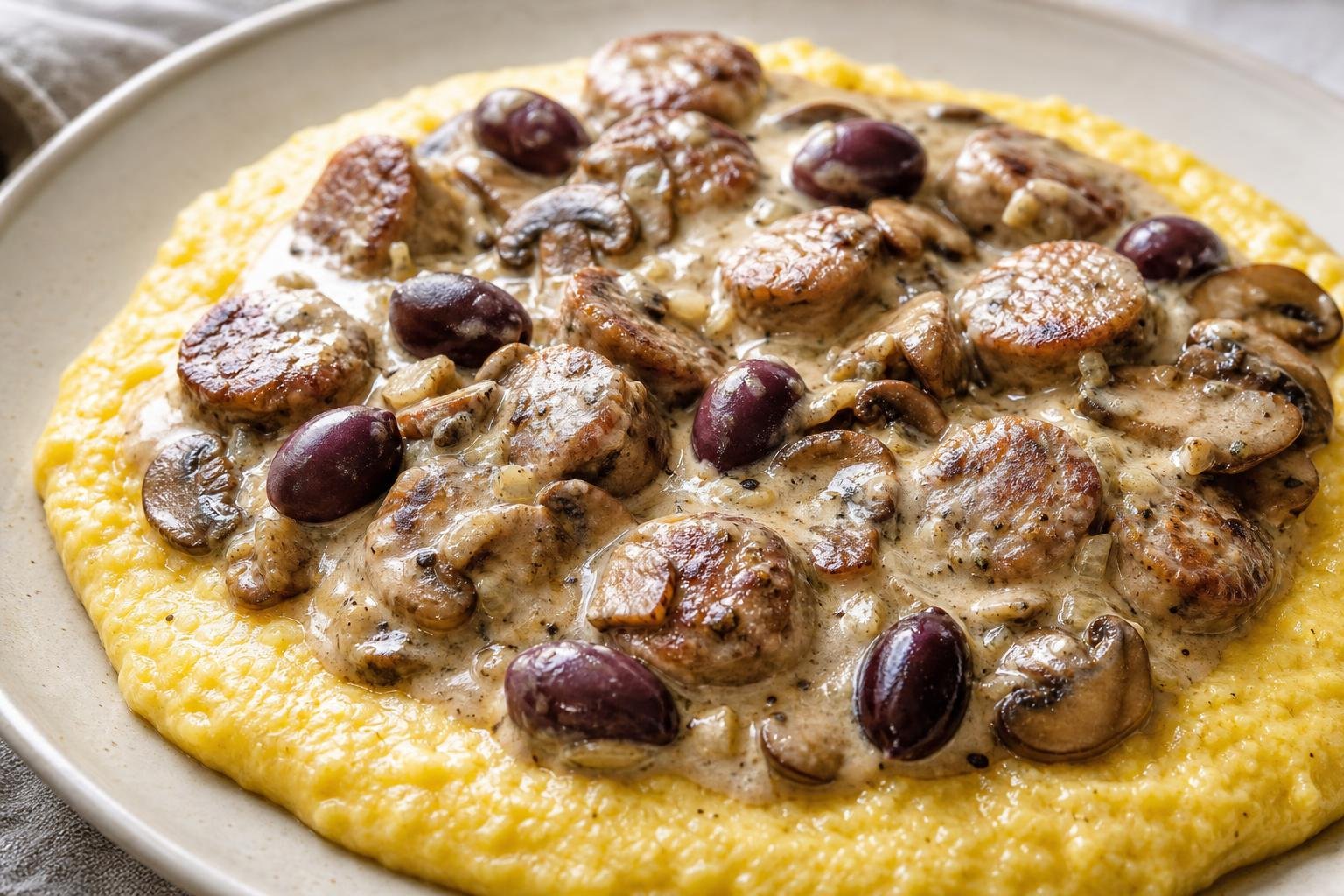 Creamy sausage mushroom boscaiola over creamy polenta