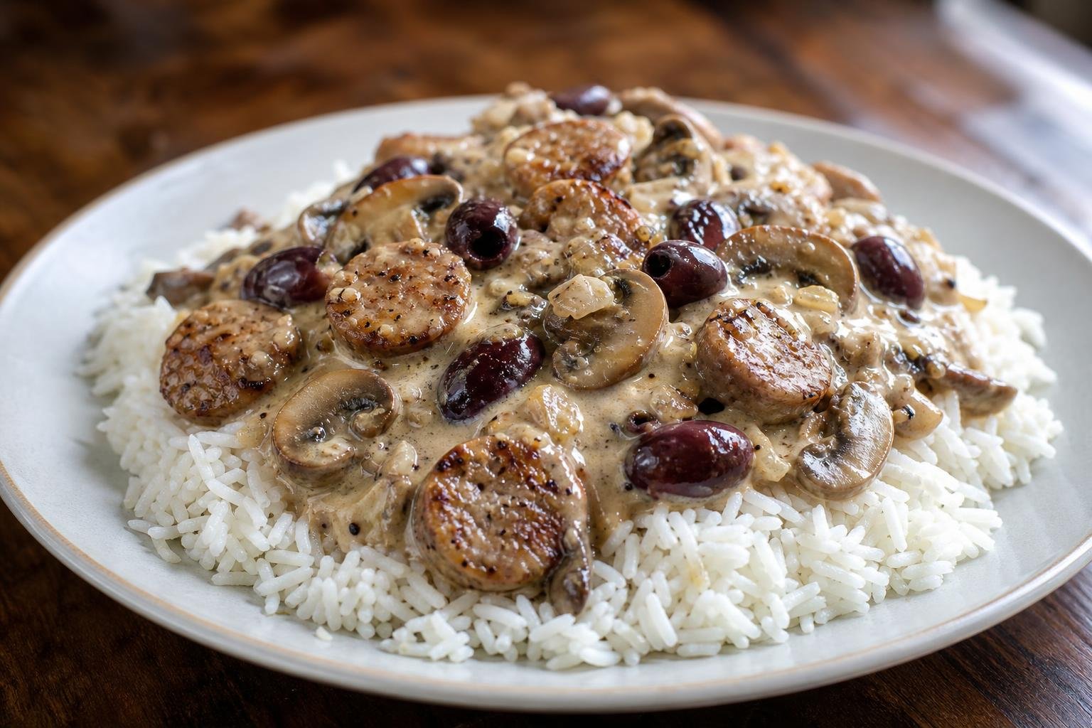 Creamy sausage mushroom boscaiola over white rice