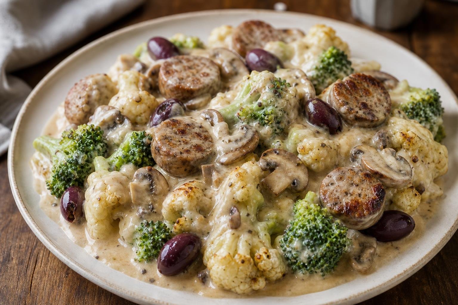 Creamy sausage mushroom boscaiola over roasted broccoli and cauliflower