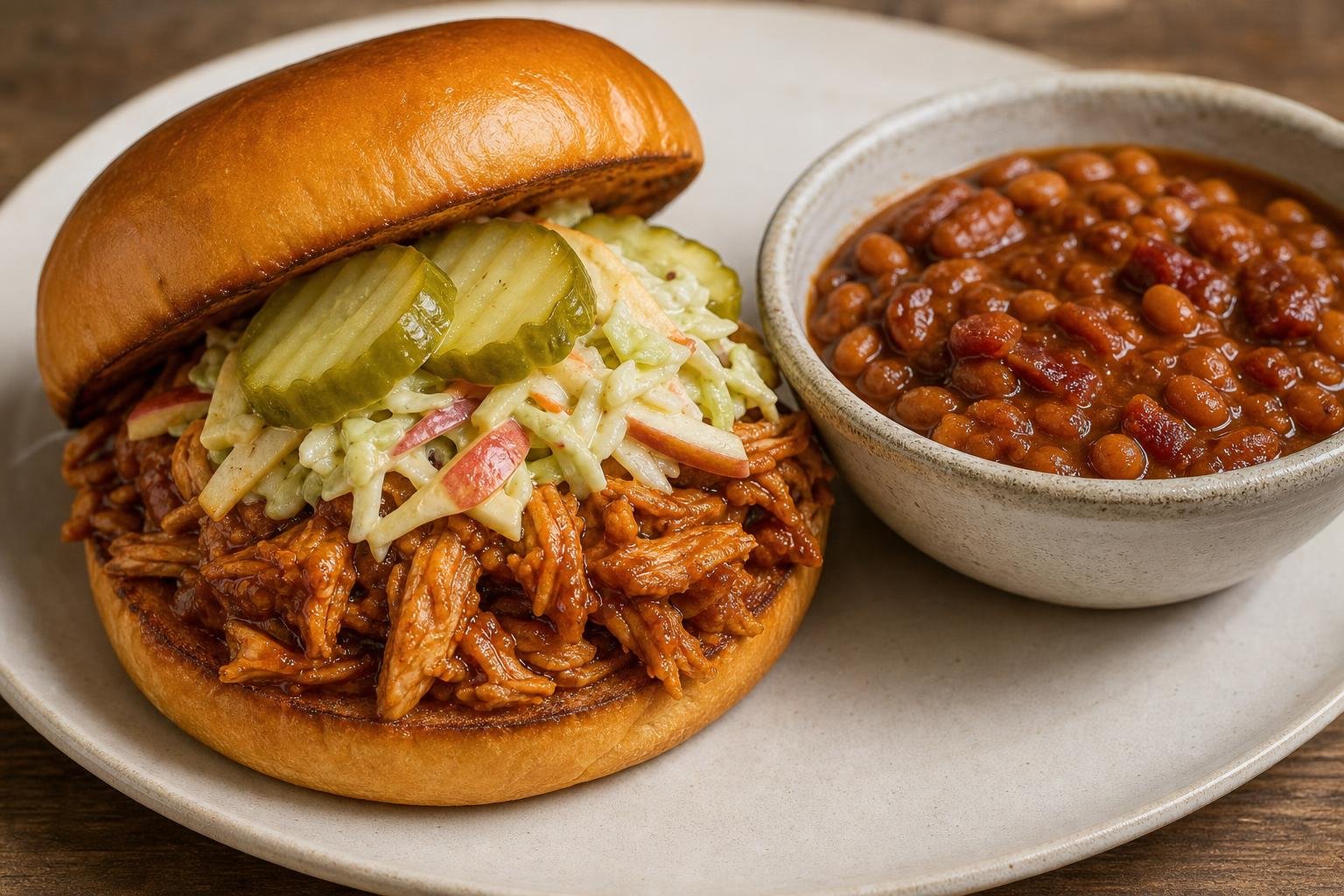 BBQ chicken sandwich beside a bowl of tangy bacon baked beans