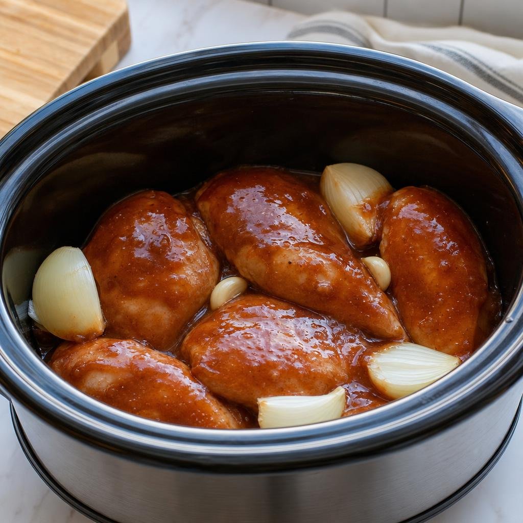 Onion, garlic, and chicken in the slow cooker