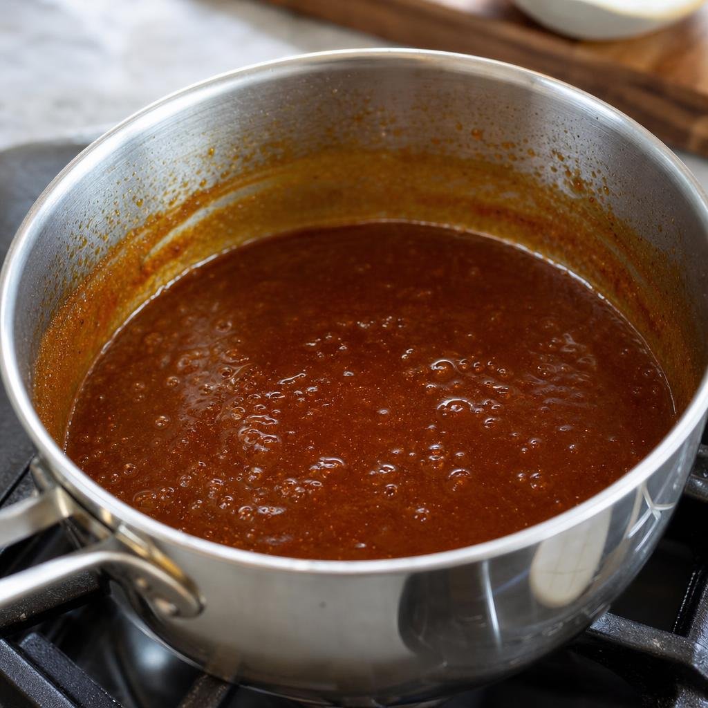 Blended sauce reducing in the saucepan