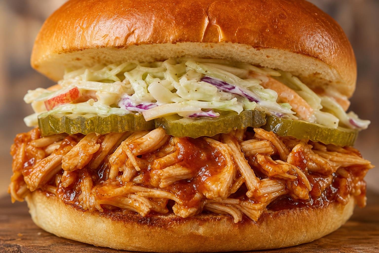 Honey whiskey peach BBQ chicken sandwich on a toasted bun with dill pickles and apple coleslaw