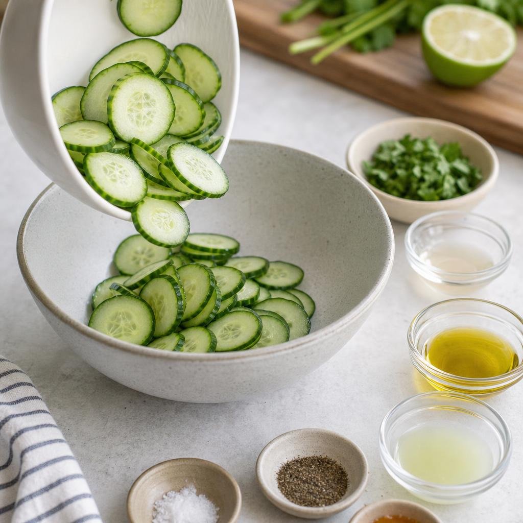 Prep for Cucumber Salad Base with Rice Vinegar, Cilantro, and Lime