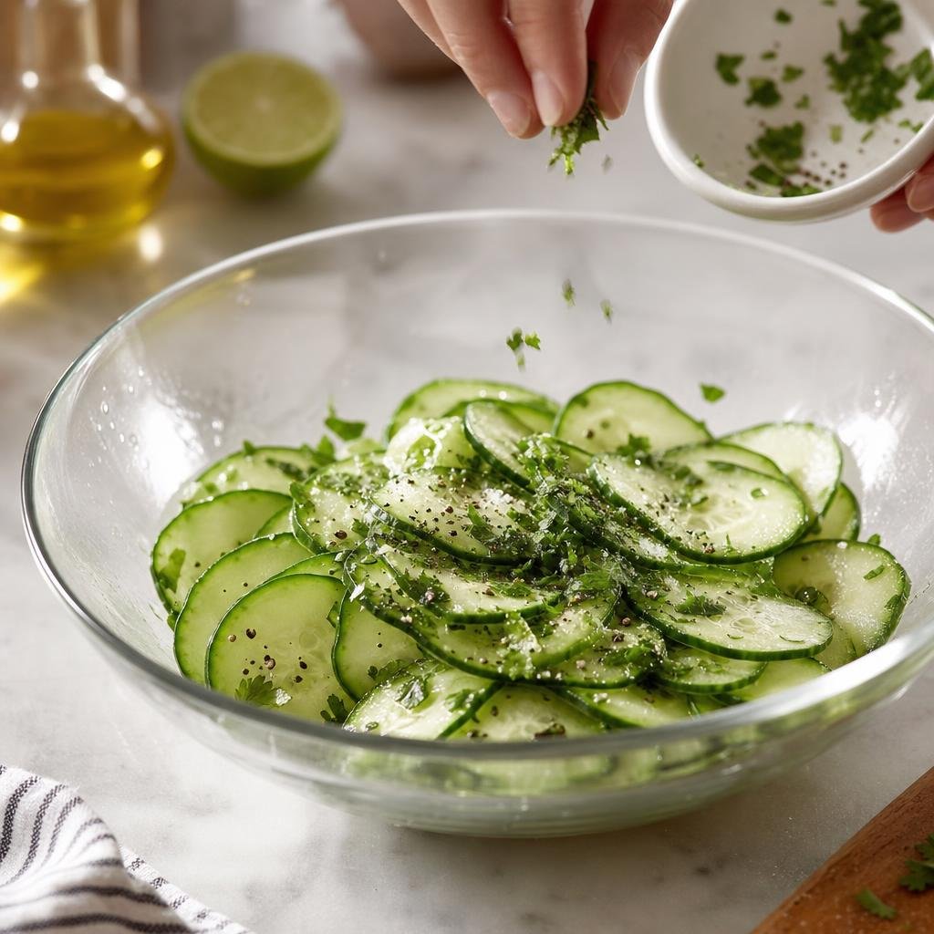 Cooking Cucumber Salad Base with Rice Vinegar, Cilantro, and Lime