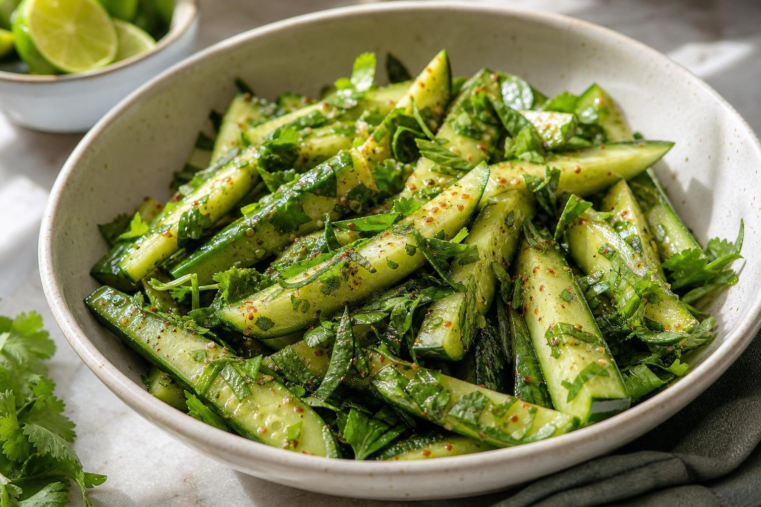 Cucumber Tajín Salad with Thai Basil, Cilantro & Citrus Vinegar