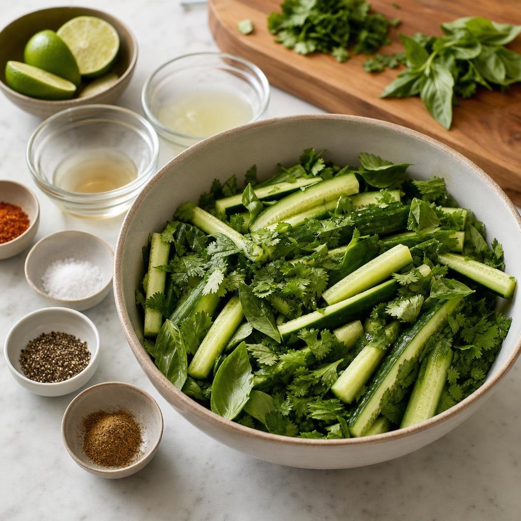 Prep for Cucumber Tajín Salad with Thai Basil, Cilantro & Citrus Vinegar
