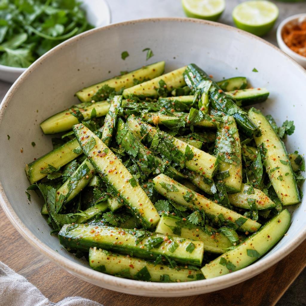 Cooking Cucumber Tajín Salad with Thai Basil, Cilantro & Citrus Vinegar
