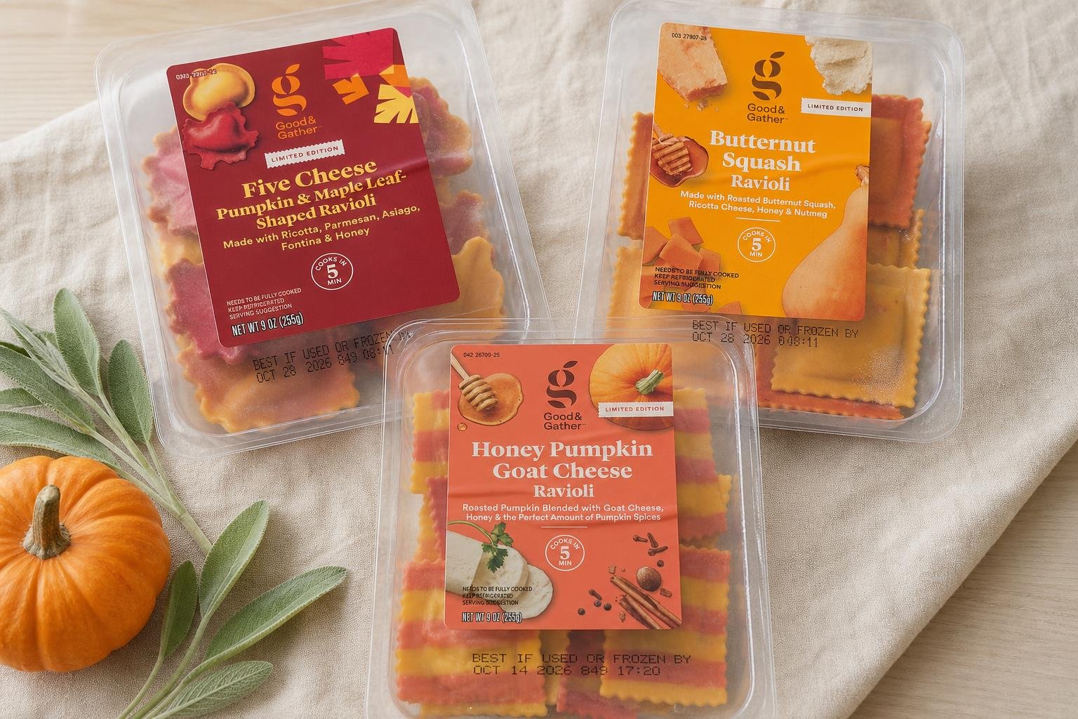 Good & Gather Five Cheese pumpkin and maple leaf, Butternut Squash, and Honey Pumpkin Goat Cheese ravioli packages