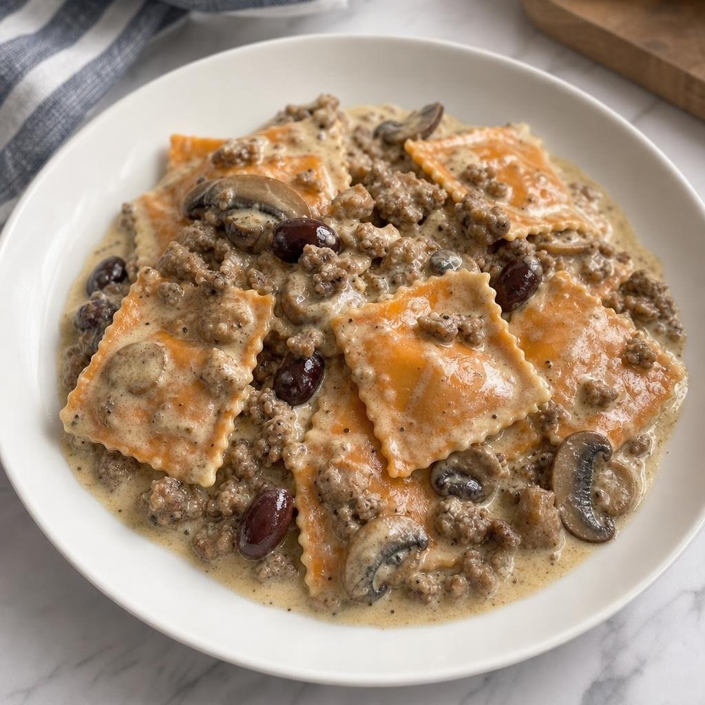 Butternut squash ravioli, with ground sausage
