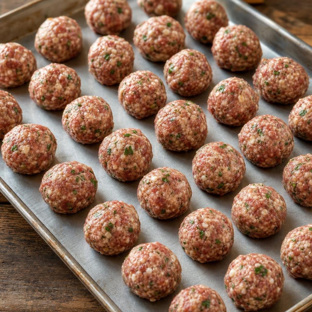 Rolled 1-inch meatballs, ready to brown