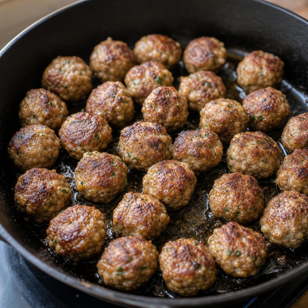 Browned meatballs in the skillet