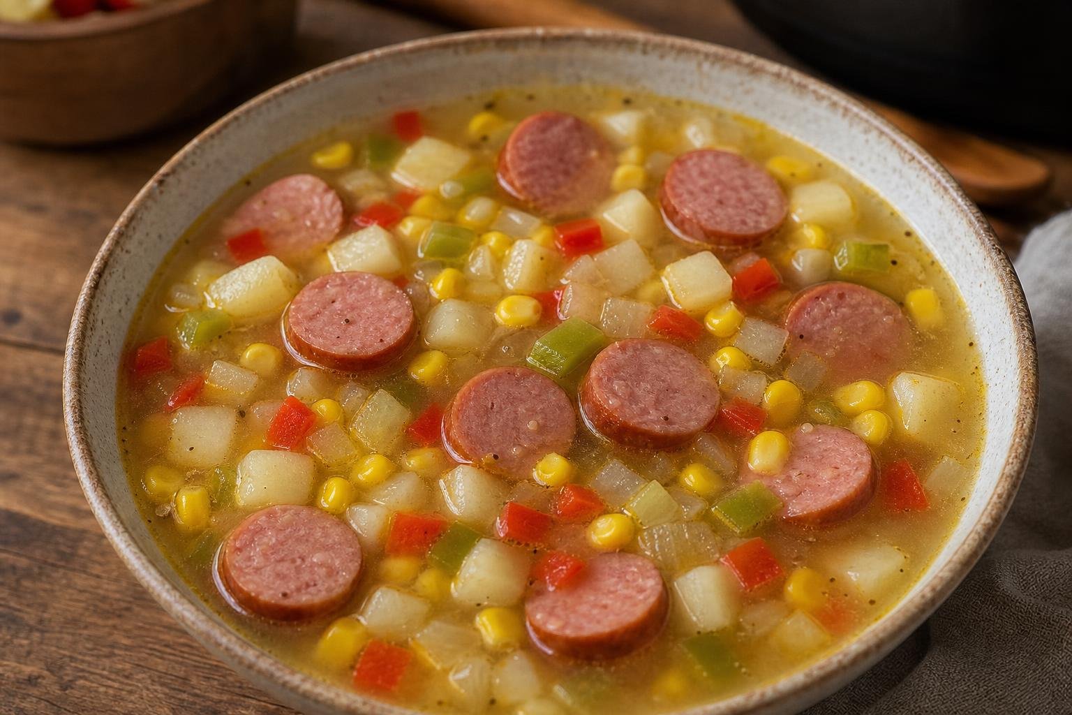Mimi's Kielbasa Soup: Slow Cooker Kielbasa, Potatoes O'Brien, and Corn Soup