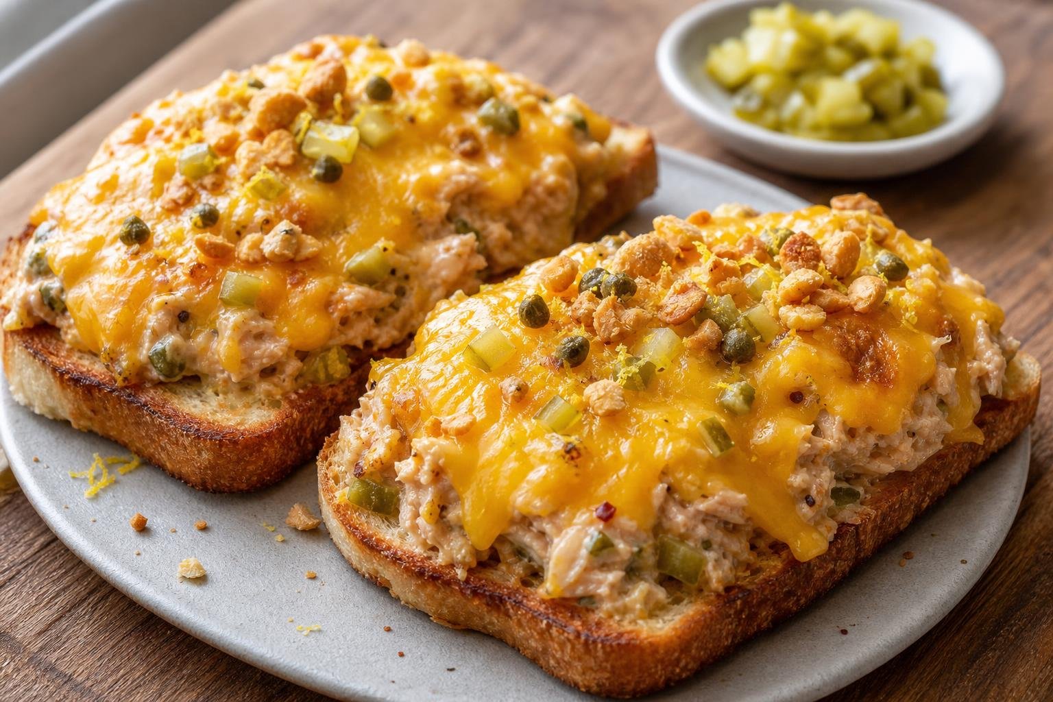 Open-Face Smoked Trout Melt with Pickles, Capers, and Optional Corn Nut Crunch: Air Fryer Open-Face Smoked Trout or Tuna Melt with Pickle, Caper, and Cheese