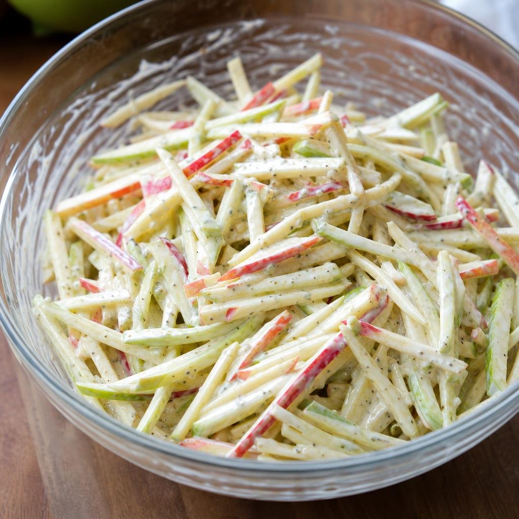 Apple matchsticks tossed in the dressing