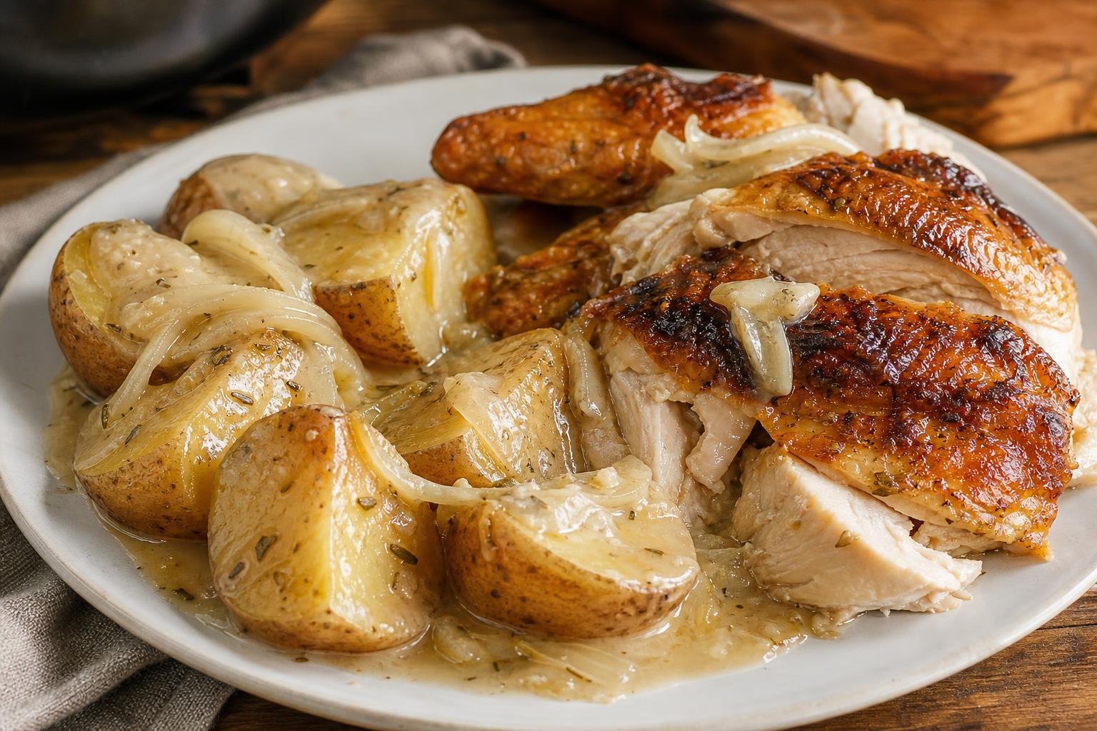 Rotisserie Chicken with Crockpot Potatoes and Rosemary Onion Cream Gravy