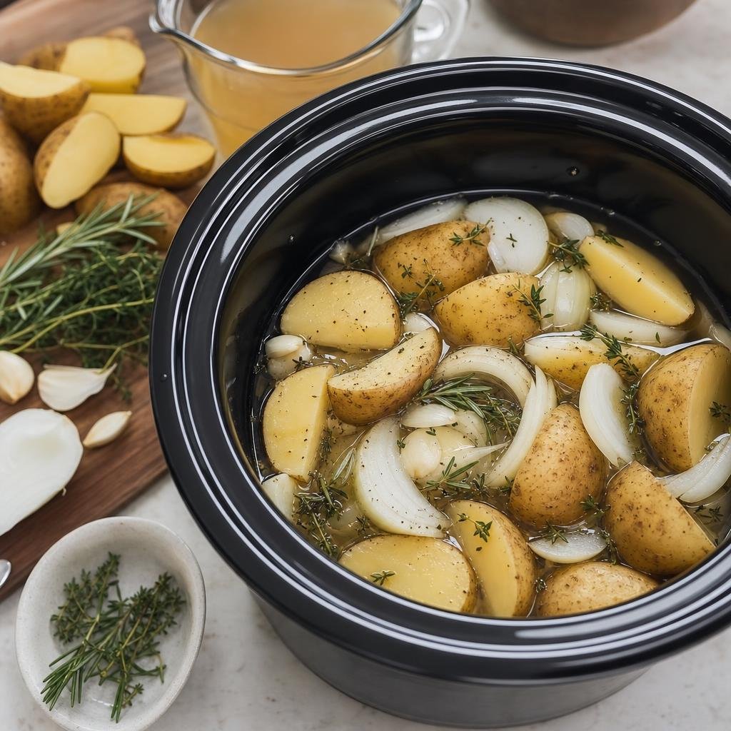 Prep for Rotisserie Chicken with Crockpot Potatoes and Rosemary Onion Cream Gravy
