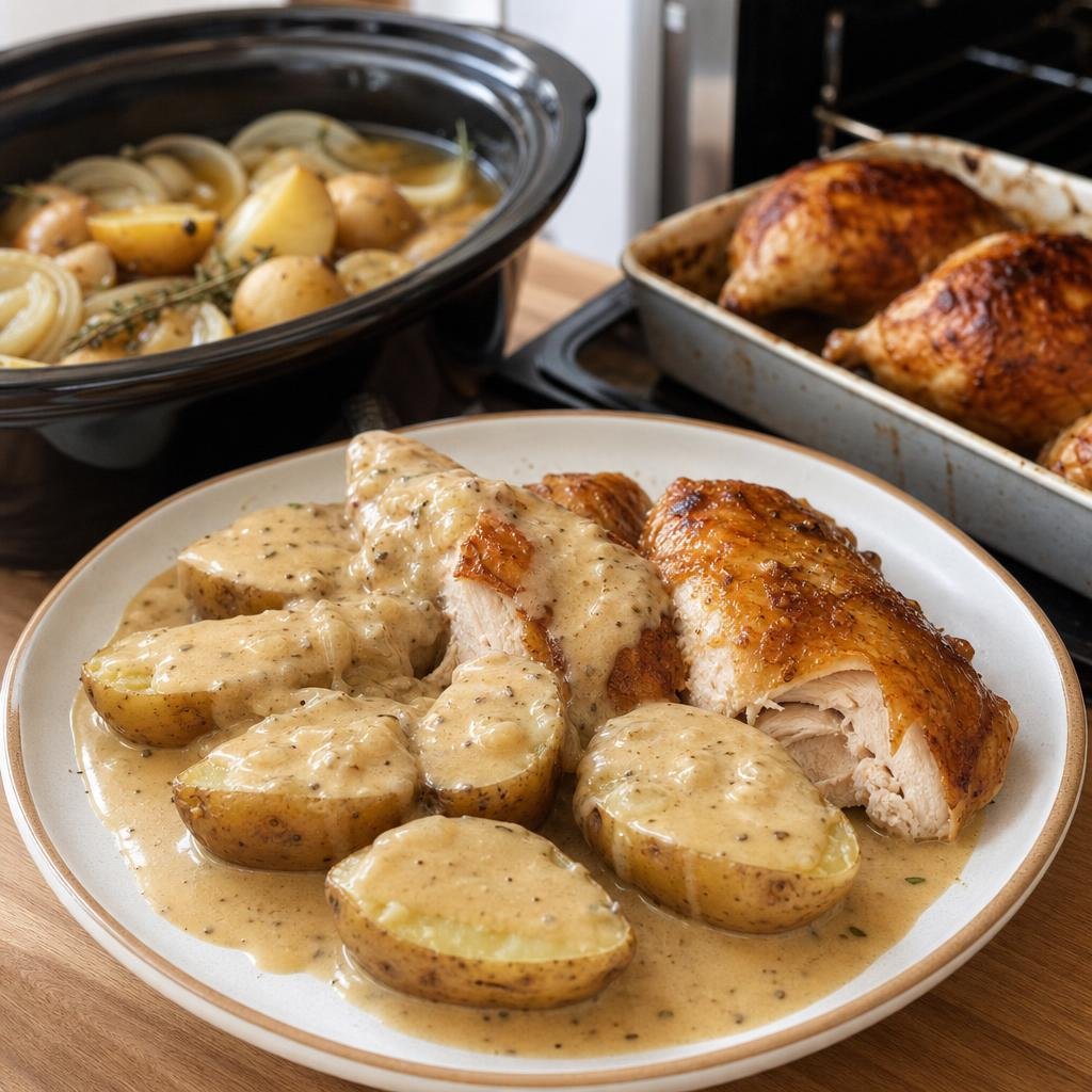 Cooking Rotisserie Chicken with Crockpot Potatoes and Rosemary Onion Cream Gravy