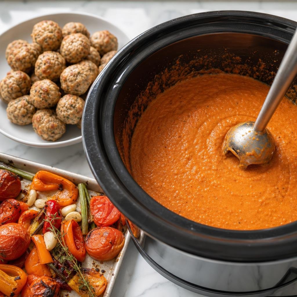 Cooking Rustic Slow Cooker Roasted Tomato Cream Chicken Meatballs
