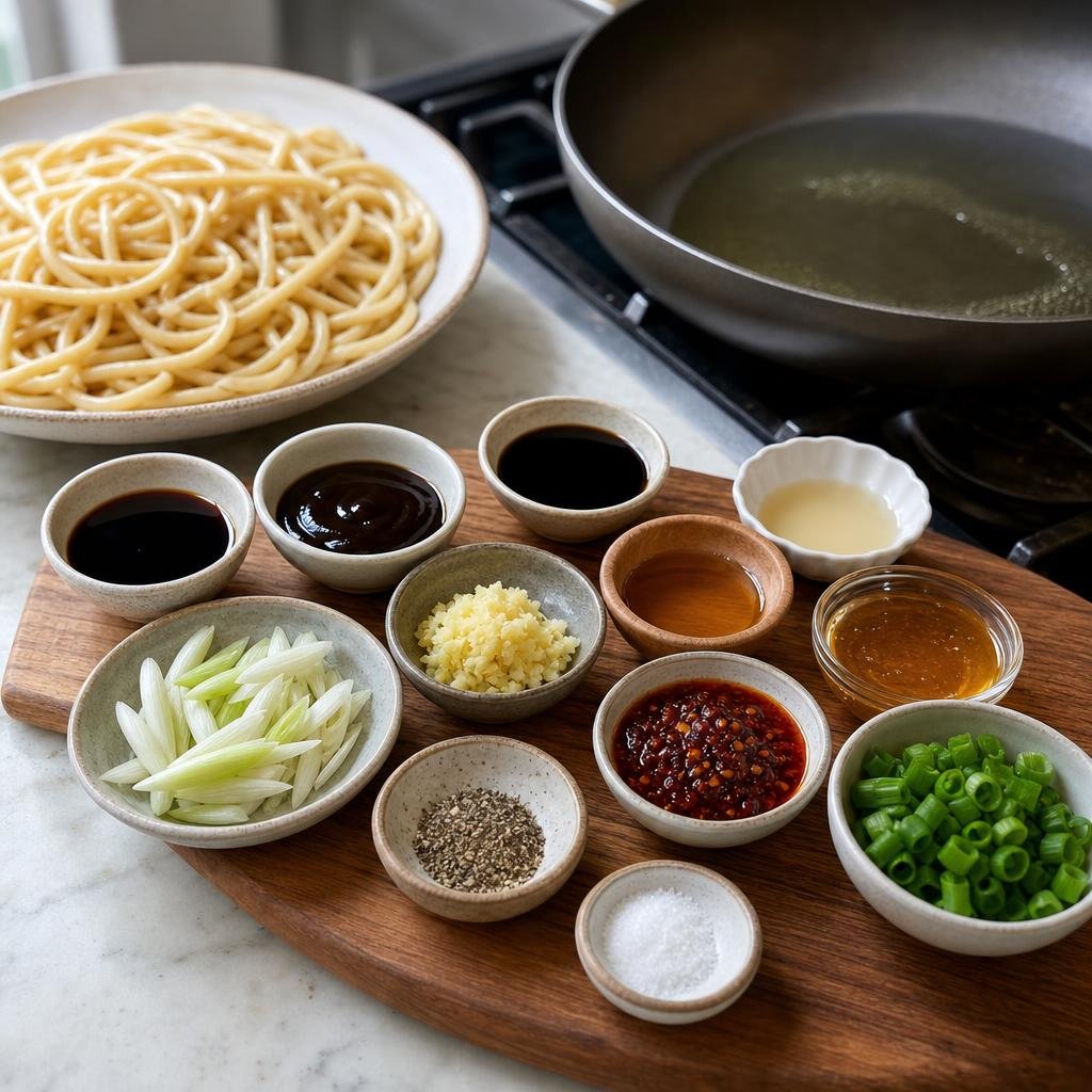 Prep for Sticky Garlic Ginger Chili Bucatini