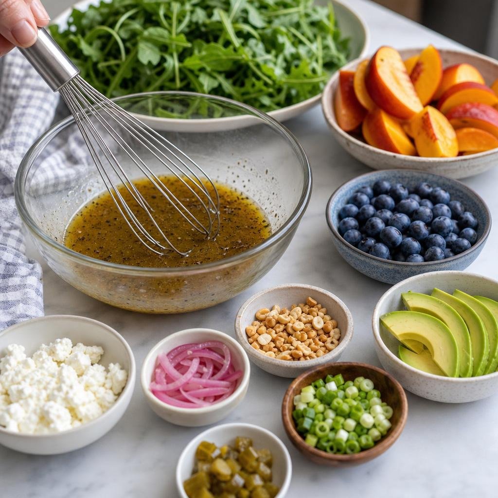 Prep for Summer Peach, Blueberry & Avocado Arugula Salad
