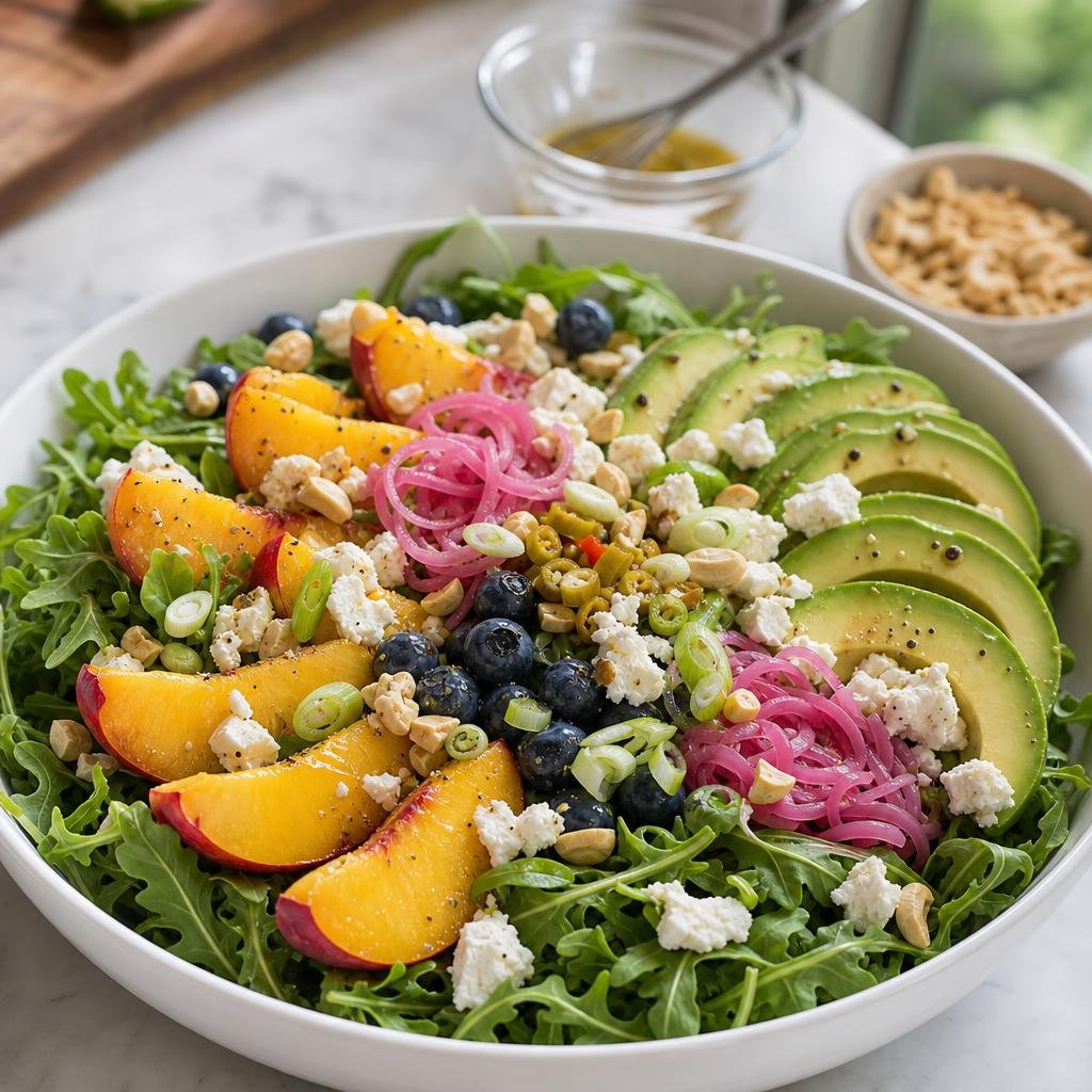 Cooking Summer Peach, Blueberry & Avocado Arugula Salad