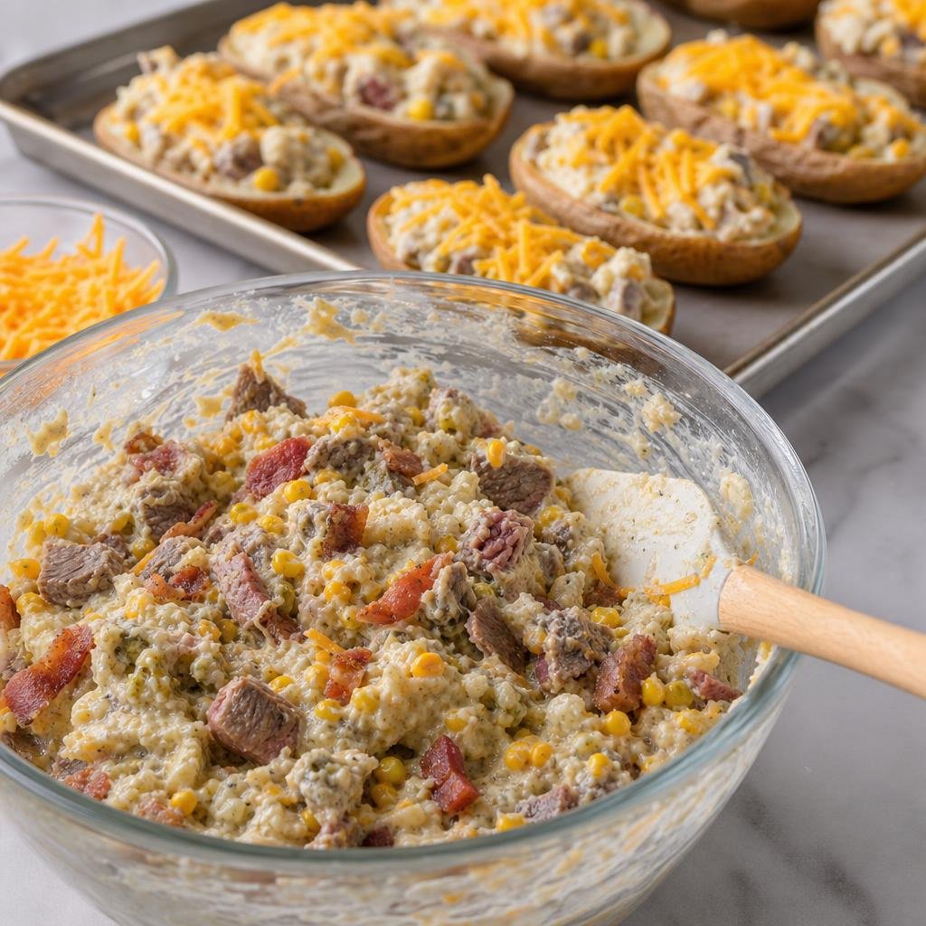 Cooking Twice-Baked Potatoes with Steak, Bacon, Corn, Cheese, and Ranch Cream