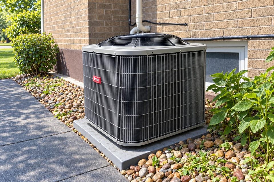 Outdoor air conditioner condenser beside a house.